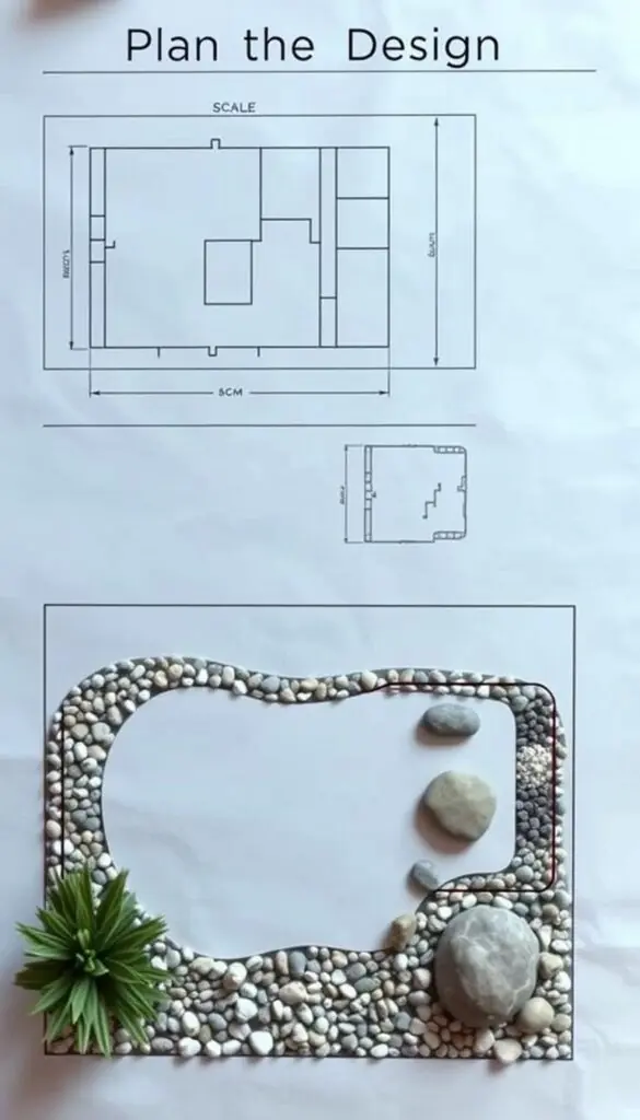 A detailed plan design for a flower garden layout, featuring a scale diagram with measured dimensions, a side-view sketch showcasing the intended style and flow, and a top-down view highlighting the spatial arrangement of various elements. The design should convey a sense of balance, harmony, and functionality, with a focus on the strategic placement of gravel, stones, and other decorative features. Illuminated by soft, natural lighting to accentuate the textures and colors, the image should evoke a tranquil, contemplative mood suitable for the "Plan the Design" section of the article.