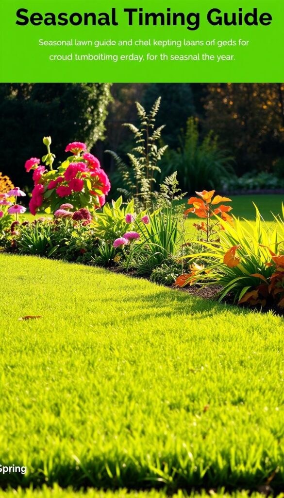 A detailed seasonal timing guide, showcasing lush greenery and crisp lawn edges. The foreground features a clean, meticulously trimmed lawn, with a focus on the sharp, defined borders. The middle ground displays a variety of seasonal flora, transitioning through the year - vibrant blooms in spring, verdant foliage in summer, and warm autumnal hues. The background subtly blends into a soft, naturalistic landscape, setting the scene. Warm, natural lighting casts gentle shadows, highlighting the textural details. The overall composition conveys a sense of balance, organization, and practical guidance for maintaining a well-kept, seasonal lawn.