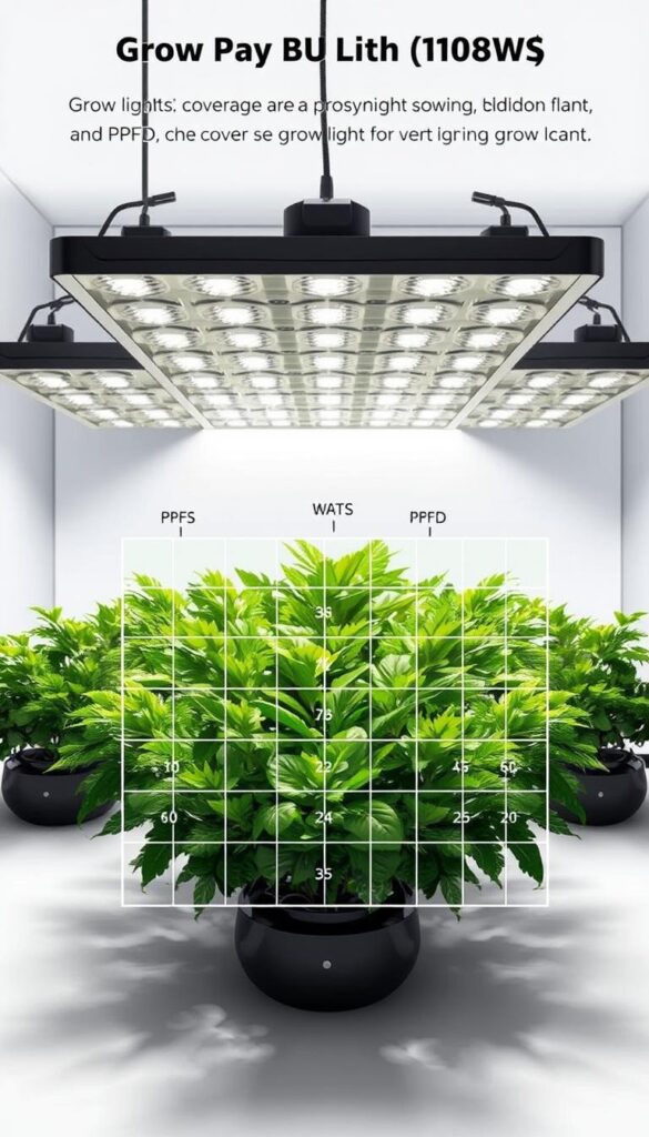 A detailed technical diagram showcasing the key metrics of grow light coverage, wattage, and PPFD (Photosynthetic Photon Flux Density). In the foreground, a neatly arranged array of grow lights illuminates a lush indoor plant canopy. The midground displays a grid overlay with numerical values for coverage area, watts, and PPFD levels. In the background, a clean, minimalist laboratory-style environment with pristine white surfaces and subtle shadows to highlight the technical precision. Crisp, high-contrast lighting to emphasize the subject matter. Overall, a visually striking and informative illustration to accompany the article's section on properly sizing grow lights for indoor plants.