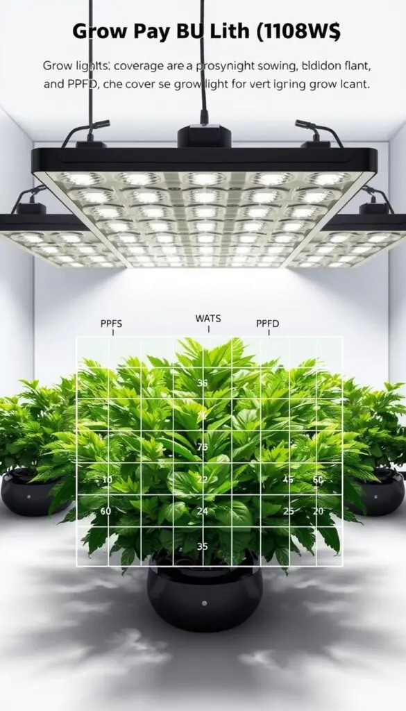 A detailed technical diagram showcasing the key metrics of grow light coverage, wattage, and PPFD (Photosynthetic Photon Flux Density). In the foreground, a neatly arranged array of grow lights illuminates a lush indoor plant canopy. The midground displays a grid overlay with numerical values for coverage area, watts, and PPFD levels. In the background, a clean, minimalist laboratory-style environment with pristine white surfaces and subtle shadows to highlight the technical precision. Crisp, high-contrast lighting to emphasize the subject matter. Overall, a visually striking and informative illustration to accompany the article's section on properly sizing grow lights for indoor plants. A detailed technical diagram showcasing the key metrics of grow light coverage, wattage, and PPFD (Photosynthetic Photon Flux Density). In the foreground, a neatly arranged array of grow lights illuminates a lush indoor plant canopy. The midground displays a grid overlay with numerical values for coverage area, watts, and PPFD levels. In the background, a clean, minimalist laboratory-style environment with pristine white surfaces and subtle shadows to highlight the technical precision. Crisp, high-contrast lighting to emphasize the subject matter. Overall, a visually striking and informative illustration to accompany the article's section on properly sizing grow lights for indoor plants.