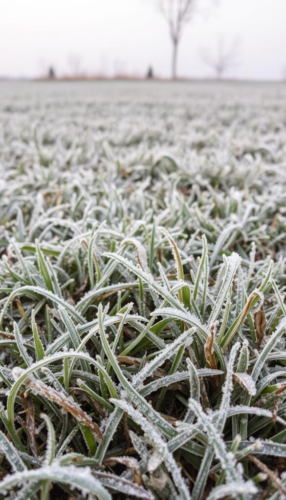 A dilapidated lawn, its once-lush green carpeted in a blanket of frosty white. Delicate ice crystals cling to the blades, a testament to the harsh winter's grip. The foreground reveals the ravaged turf, each blade bent and discolored, a scene of wintry devastation. The middle ground showcases the subtle textures of the frozen grass, while the background fades into a hazy, overcast sky, adding to the somber, contemplative mood. Soft, diffused lighting illuminates the icy tableau, capturing the essence of the aftermath of a frost event. A photograph captured with a wide-angle lens, showcasing the full extent of the damage, inviting the viewer to ponder the challenges of lawn recovery and long-term care.