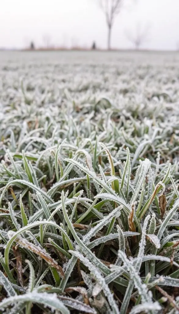 A dilapidated lawn, its once-lush green carpeted in a blanket of frosty white. Delicate ice crystals cling to the blades, a testament to the harsh winter's grip. The foreground reveals the ravaged turf, each blade bent and discolored, a scene of wintry devastation. The middle ground showcases the subtle textures of the frozen grass, while the background fades into a hazy, overcast sky, adding to the somber, contemplative mood. Soft, diffused lighting illuminates the icy tableau, capturing the essence of the aftermath of a frost event. A photograph captured with a wide-angle lens, showcasing the full extent of the damage, inviting the viewer to ponder the challenges of lawn recovery and long-term care. A dilapidated lawn, its once-lush green carpeted in a blanket of frosty white. Delicate ice crystals cling to the blades, a testament to the harsh winter's grip. The foreground reveals the ravaged turf, each blade bent and discolored, a scene of wintry devastation. The middle ground showcases the subtle textures of the frozen grass, while the background fades into a hazy, overcast sky, adding to the somber, contemplative mood. Soft, diffused lighting illuminates the icy tableau, capturing the essence of the aftermath of a frost event. A photograph captured with a wide-angle lens, showcasing the full extent of the damage, inviting the viewer to ponder the challenges of lawn recovery and long-term care.