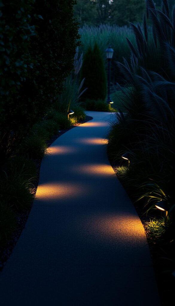 A dimly lit garden path winds gracefully through lush, verdant foliage. Gentle lighting fixtures, strategically placed along the edges, cast a warm, inviting glow that illuminates the smooth, pebbled surface without creating a harsh, runway-like effect. The path is framed by neatly trimmed shrubs and tall, swaying grasses, creating a sense of tranquility and natural harmony. The lighting fixtures, designed with a subtle, understated aesthetic, blend seamlessly into the surrounding environment, providing just the right amount of illumination to guide the way without overshadowing the beauty of the garden. The overall mood is one of serene, inviting ambiance, perfect for navigating the outdoor space with ease and comfort. A dimly lit garden path winds gracefully through lush, verdant foliage. Gentle lighting fixtures, strategically placed along the edges, cast a warm, inviting glow that illuminates the smooth, pebbled surface without creating a harsh, runway-like effect. The path is framed by neatly trimmed shrubs and tall, swaying grasses, creating a sense of tranquility and natural harmony. The lighting fixtures, designed with a subtle, understated aesthetic, blend seamlessly into the surrounding environment, providing just the right amount of illumination to guide the way without overshadowing the beauty of the garden. The overall mood is one of serene, inviting ambiance, perfect for navigating the outdoor space with ease and comfort.