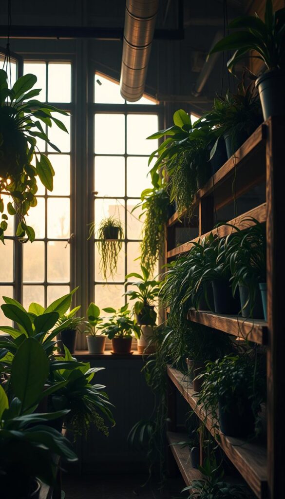 A dimly lit indoor greenhouse with potted low-light plants thriving in the soft, ambient glow. Lush, green foliage of philodendrons, snake plants, and ZZ plants cascade from rustic wooden shelves. Warm, golden light filters through large, industrial windows, casting gentle shadows and creating an inviting, cozy atmosphere. The scene is captured with a wide-angle lens, emphasizing the depth and layering of the plants. The overall mood is one of tranquility and plant-filled serenity, perfect for highlighting how to successfully grow low-light houseplants indoors. A dimly lit indoor greenhouse with potted low-light plants thriving in the soft, ambient glow. Lush, green foliage of philodendrons, snake plants, and ZZ plants cascade from rustic wooden shelves. Warm, golden light filters through large, industrial windows, casting gentle shadows and creating an inviting, cozy atmosphere. The scene is captured with a wide-angle lens, emphasizing the depth and layering of the plants. The overall mood is one of tranquility and plant-filled serenity, perfect for highlighting how to successfully grow low-light houseplants indoors.