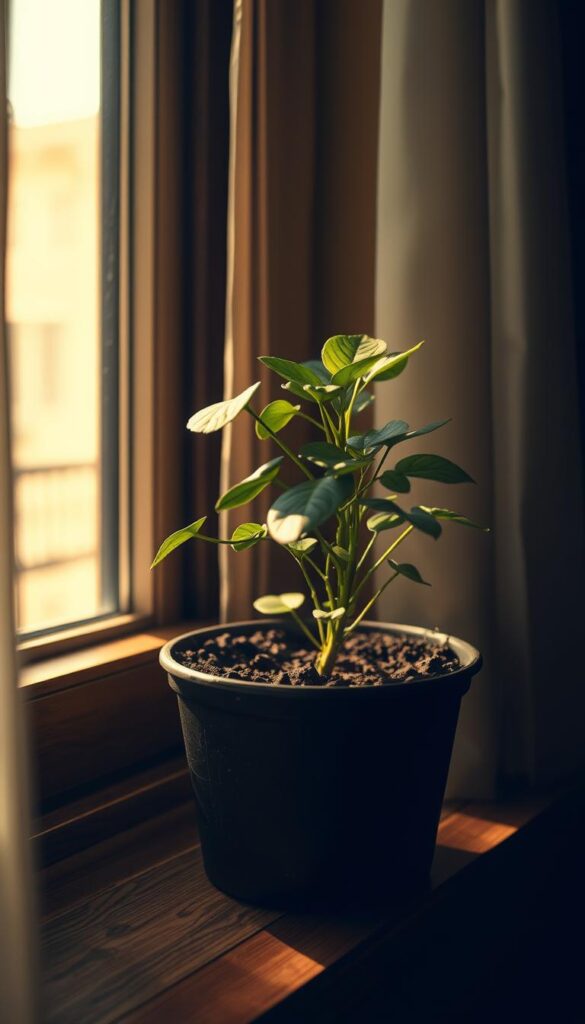A dimly lit indoor scene, a potted plant resting on a wooden windowsill. Soft, warm lighting filters through the curtains, casting gentle shadows across the plant's lush foliage. The soil appears rich and well-nourished, hinting at the plant's resilience. The scene conveys a sense of tranquility and low-maintenance care, ideal for a beginner's first indoor plant. The camera angle is slightly elevated, capturing the plant from an eye-level perspective, emphasizing its hardy, forgiving nature. The background is blurred, keeping the focus on the resilient plant and the inviting, low-light environment.