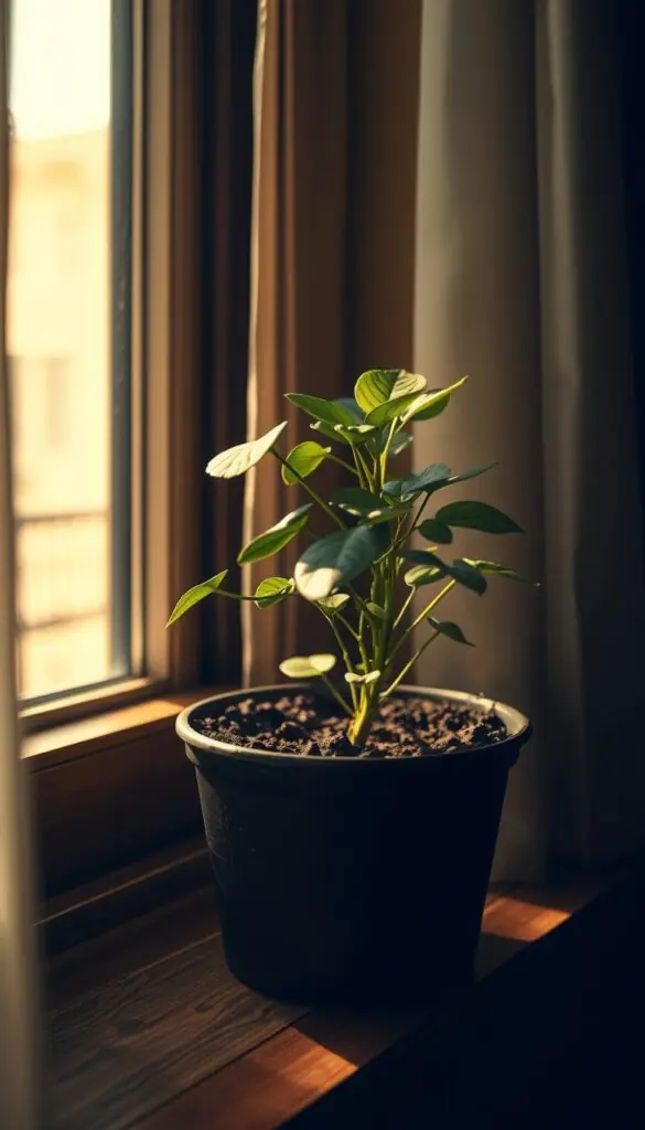 A dimly lit indoor scene, a potted plant resting on a wooden windowsill. Soft, warm lighting filters through the curtains, casting gentle shadows across the plant's lush foliage. The soil appears rich and well-nourished, hinting at the plant's resilience. The scene conveys a sense of tranquility and low-maintenance care, ideal for a beginner's first indoor plant. The camera angle is slightly elevated, capturing the plant from an eye-level perspective, emphasizing its hardy, forgiving nature. The background is blurred, keeping the focus on the resilient plant and the inviting, low-light environment. A dimly lit indoor scene, a potted plant resting on a wooden windowsill. Soft, warm lighting filters through the curtains, casting gentle shadows across the plant's lush foliage. The soil appears rich and well-nourished, hinting at the plant's resilience. The scene conveys a sense of tranquility and low-maintenance care, ideal for a beginner's first indoor plant. The camera angle is slightly elevated, capturing the plant from an eye-level perspective, emphasizing its hardy, forgiving nature. The background is blurred, keeping the focus on the resilient plant and the inviting, low-light environment.