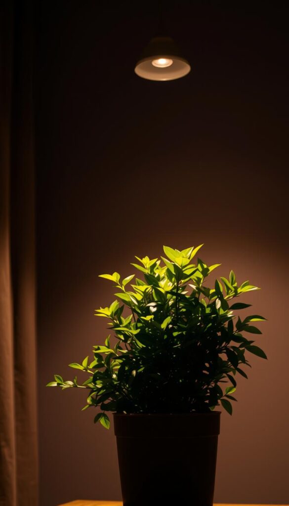 A dimly lit indoor setting, showcasing a lush, thriving potted plant in the foreground. The plant's vibrant foliage stands out against the muted, softly-lit background, creating a serene and calming atmosphere. The lighting is warm and diffused, casting gentle shadows and highlighting the plant's intricate textures. The composition is balanced, with the plant positioned off-center, drawing the viewer's eye to its resilient presence. The overall mood is one of tranquility and resilience, suggesting the plant's ability to thrive in low-light conditions, making it an ideal choice for apartments and offices.