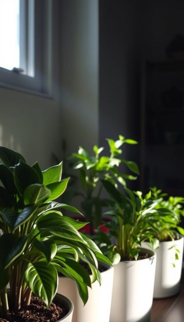 A dimly lit indoor space, soft shadows cast by a single window offering muted natural light. Lush potted plants in the foreground, their leaves gently illuminated, showcasing a variety of textures and tones. Subtle highlights accent the soil and ceramic pots, creating a sense of depth and dimensionality. The middle ground features additional greenery, strategically placed to enhance the low-light ambiance. In the background, a softly blurred wall or shelving unit, hinting at the cozy, intimate setting. Overall, a tranquil, inviting atmosphere that embodies the essence of low-light indoor gardening. A dimly lit indoor space, soft shadows cast by a single window offering muted natural light. Lush potted plants in the foreground, their leaves gently illuminated, showcasing a variety of textures and tones. Subtle highlights accent the soil and ceramic pots, creating a sense of depth and dimensionality. The middle ground features additional greenery, strategically placed to enhance the low-light ambiance. In the background, a softly blurred wall or shelving unit, hinting at the cozy, intimate setting. Overall, a tranquil, inviting atmosphere that embodies the essence of low-light indoor gardening.