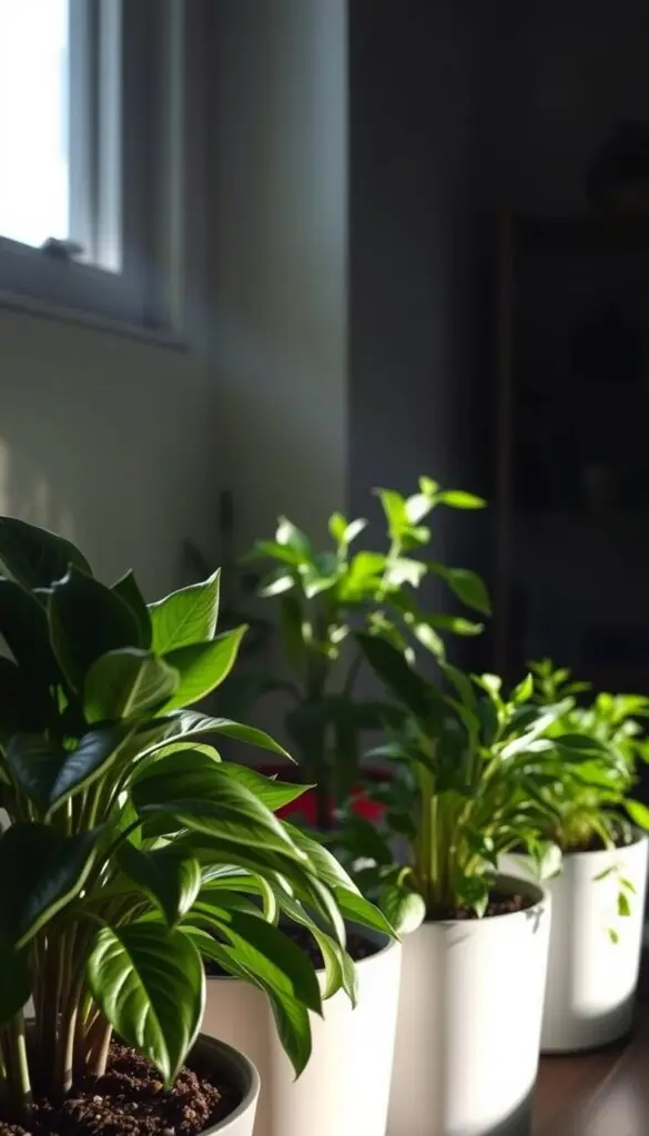 A dimly lit indoor space, soft shadows cast by a single window offering muted natural light. Lush potted plants in the foreground, their leaves gently illuminated, showcasing a variety of textures and tones. Subtle highlights accent the soil and ceramic pots, creating a sense of depth and dimensionality. The middle ground features additional greenery, strategically placed to enhance the low-light ambiance. In the background, a softly blurred wall or shelving unit, hinting at the cozy, intimate setting. Overall, a tranquil, inviting atmosphere that embodies the essence of low-light indoor gardening. A dimly lit indoor space, soft shadows cast by a single window offering muted natural light. Lush potted plants in the foreground, their leaves gently illuminated, showcasing a variety of textures and tones. Subtle highlights accent the soil and ceramic pots, creating a sense of depth and dimensionality. The middle ground features additional greenery, strategically placed to enhance the low-light ambiance. In the background, a softly blurred wall or shelving unit, hinting at the cozy, intimate setting. Overall, a tranquil, inviting atmosphere that embodies the essence of low-light indoor gardening.