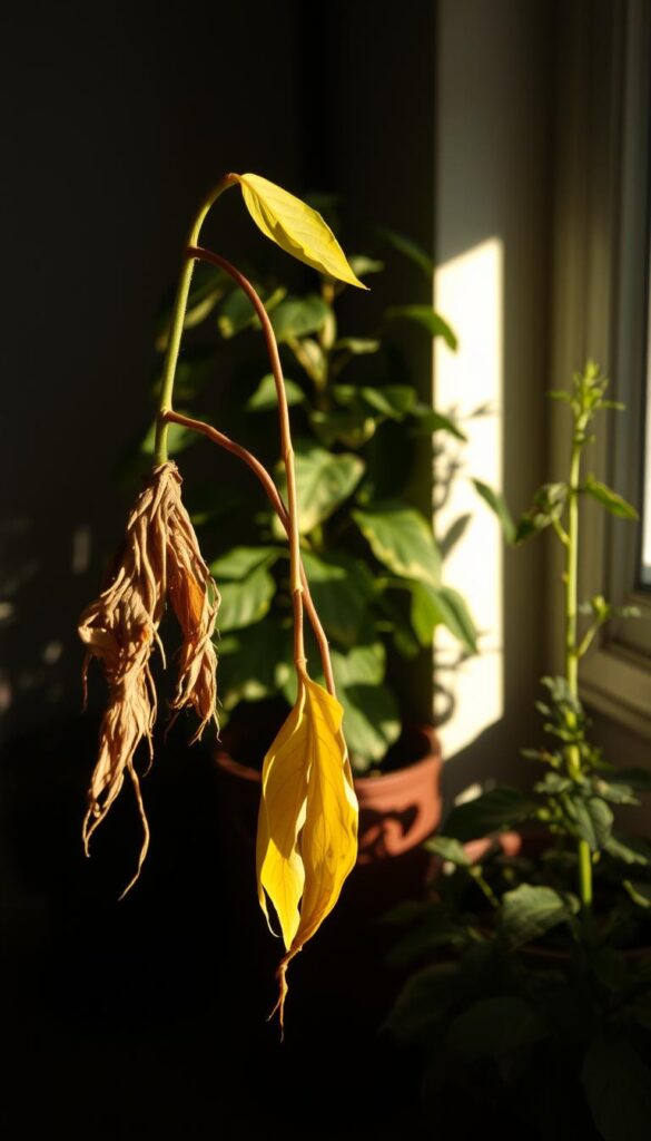 A dimly lit room with a variety of low-light houseplants. In the foreground, a withered, yellowing plant with drooping leaves, suggesting overwatering. In the middle ground, a plant with discolored, spotted foliage, hinting at insufficient light exposure. In the background, a plant struggling to grow, its leaves small and sparse. Soft, warm lighting casts long shadows, creating a moody, contemplative atmosphere. The scene captures the common pitfalls of caring for low-light houseplants, serving as a cautionary tale for aspiring plant parents.
