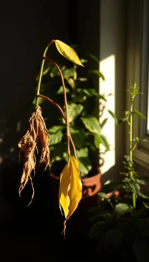 A dimly lit room with a variety of low-light houseplants. In the foreground, a withered, yellowing plant with drooping leaves, suggesting overwatering. In the middle ground, a plant with discolored, spotted foliage, hinting at insufficient light exposure. In the background, a plant struggling to grow, its leaves small and sparse. Soft, warm lighting casts long shadows, creating a moody, contemplative atmosphere. The scene captures the common pitfalls of caring for low-light houseplants, serving as a cautionary tale for aspiring plant parents. A dimly lit room with a variety of low-light houseplants. In the foreground, a withered, yellowing plant with drooping leaves, suggesting overwatering. In the middle ground, a plant with discolored, spotted foliage, hinting at insufficient light exposure. In the background, a plant struggling to grow, its leaves small and sparse. Soft, warm lighting casts long shadows, creating a moody, contemplative atmosphere. The scene captures the common pitfalls of caring for low-light houseplants, serving as a cautionary tale for aspiring plant parents.