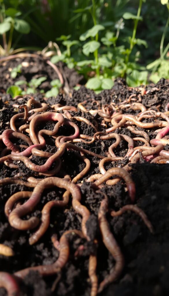 A diverse colony of earthworms thriving in a rich, dark compost heap. The worms, in varying shades of pink and brown, are wriggling and burrowing through the moist, nutrient-dense soil, creating intricate tunnels and pathways. The scene is illuminated by soft, natural lighting, casting gentle shadows and highlighting the organic textures of the compost. In the background, a lush, verdant backdrop of plants and foliage suggests a thriving garden ecosystem. The overall mood is one of vitality, growth, and the beautiful cycle of life within a healthy composting system. A diverse colony of earthworms thriving in a rich, dark compost heap. The worms, in varying shades of pink and brown, are wriggling and burrowing through the moist, nutrient-dense soil, creating intricate tunnels and pathways. The scene is illuminated by soft, natural lighting, casting gentle shadows and highlighting the organic textures of the compost. In the background, a lush, verdant backdrop of plants and foliage suggests a thriving garden ecosystem. The overall mood is one of vitality, growth, and the beautiful cycle of life within a healthy composting system.