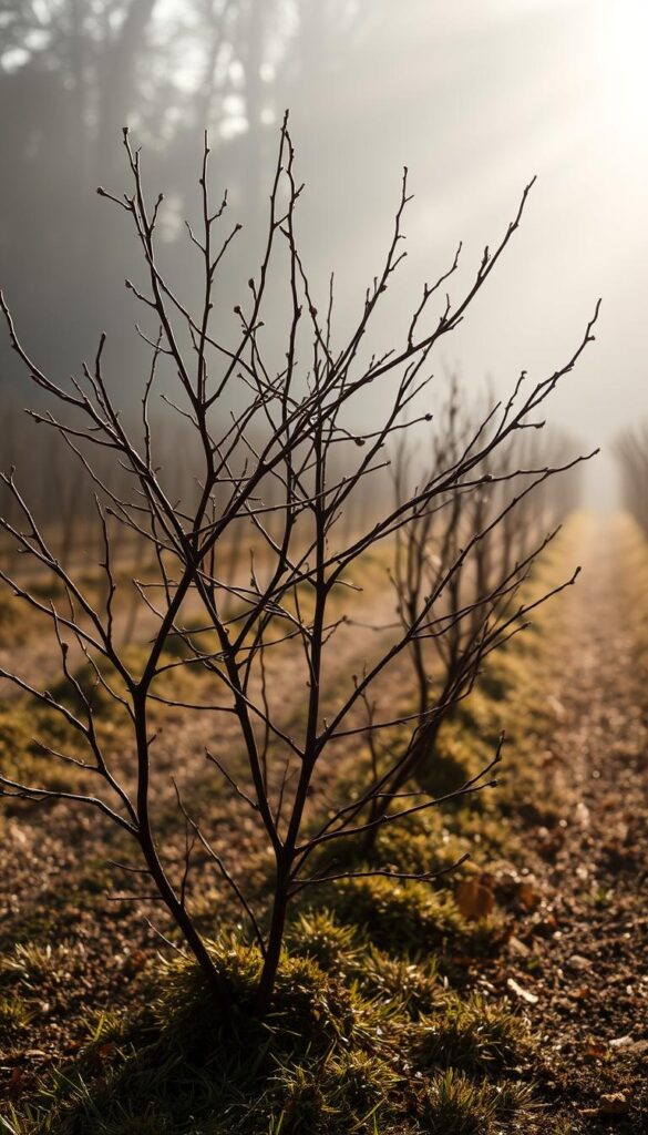 A dormant currant bush stands in a dewy autumn landscape, its bare branches silhouetted against a soft, misty backdrop. The bushes are arranged in rows, their forms echoing the tranquil rhythm of the season. Dappled sunlight filters through the hazy air, casting gentle shadows across the sleeping plants. The overall atmosphere is one of quiet anticipation, a sense of life paused, waiting to be reawakened in the spring. A wide-angle lens captures the serene, contemplative mood, inviting the viewer to linger and appreciate the beauty of this fleeting moment of natural dormancy. A dormant currant bush stands in a dewy autumn landscape, its bare branches silhouetted against a soft, misty backdrop. The bushes are arranged in rows, their forms echoing the tranquil rhythm of the season. Dappled sunlight filters through the hazy air, casting gentle shadows across the sleeping plants. The overall atmosphere is one of quiet anticipation, a sense of life paused, waiting to be reawakened in the spring. A wide-angle lens captures the serene, contemplative mood, inviting the viewer to linger and appreciate the beauty of this fleeting moment of natural dormancy.