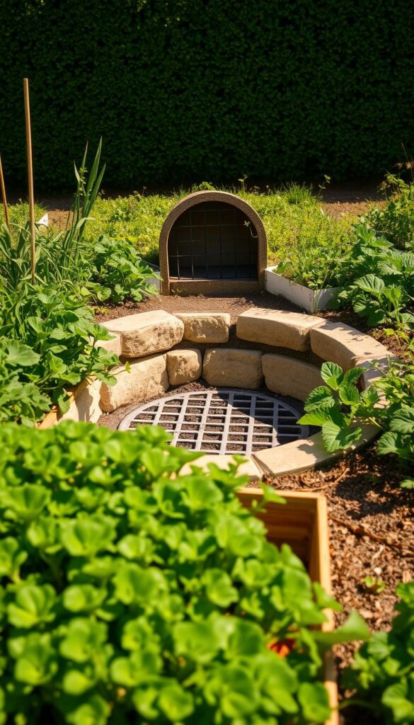 A dry well set in a well-manicured vegetable garden, surrounded by lush greenery. The well's stone-lined interior is visible, with a grate covering the opening to catch runoff. Sunlight streams in, illuminating the scene with a warm, golden glow. In the foreground, verdant raised beds filled with thriving crops. In the middle ground, the dry well is the focal point, its purpose clear. The background features a neatly trimmed hedge, hinting at the well-maintained nature of the garden. The overall mood is one of order, functionality, and the harmonious integration of practical elements within an aesthetically pleasing landscape. A dry well set in a well-manicured vegetable garden, surrounded by lush greenery. The well's stone-lined interior is visible, with a grate covering the opening to catch runoff. Sunlight streams in, illuminating the scene with a warm, golden glow. In the foreground, verdant raised beds filled with thriving crops. In the middle ground, the dry well is the focal point, its purpose clear. The background features a neatly trimmed hedge, hinting at the well-maintained nature of the garden. The overall mood is one of order, functionality, and the harmonious integration of practical elements within an aesthetically pleasing landscape.