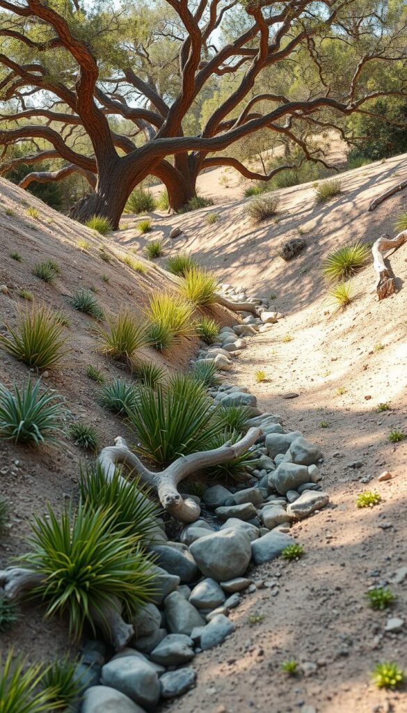A dry, winding creek bed winds through a gently rolling landscape, lined with smooth river rocks and weathered driftwood. Lush, drought-resistant plants - native grasses, succulents, and small shrubs - cascade over the banks, creating a natural, harmonious scene. Dappled sunlight filters through the canopy of twisted, gnarled oak trees in the distance, casting warm shadows across the earthy tones of the creek bed. A sense of tranquility and gentle flow pervades the serene, minimalist composition, complementing the "Guide Water, Don't Fight It" design philosophy. A dry, winding creek bed winds through a gently rolling landscape, lined with smooth river rocks and weathered driftwood. Lush, drought-resistant plants - native grasses, succulents, and small shrubs - cascade over the banks, creating a natural, harmonious scene. Dappled sunlight filters through the canopy of twisted, gnarled oak trees in the distance, casting warm shadows across the earthy tones of the creek bed. A sense of tranquility and gentle flow pervades the serene, minimalist composition, complementing the "Guide Water, Don't Fight It" design philosophy.