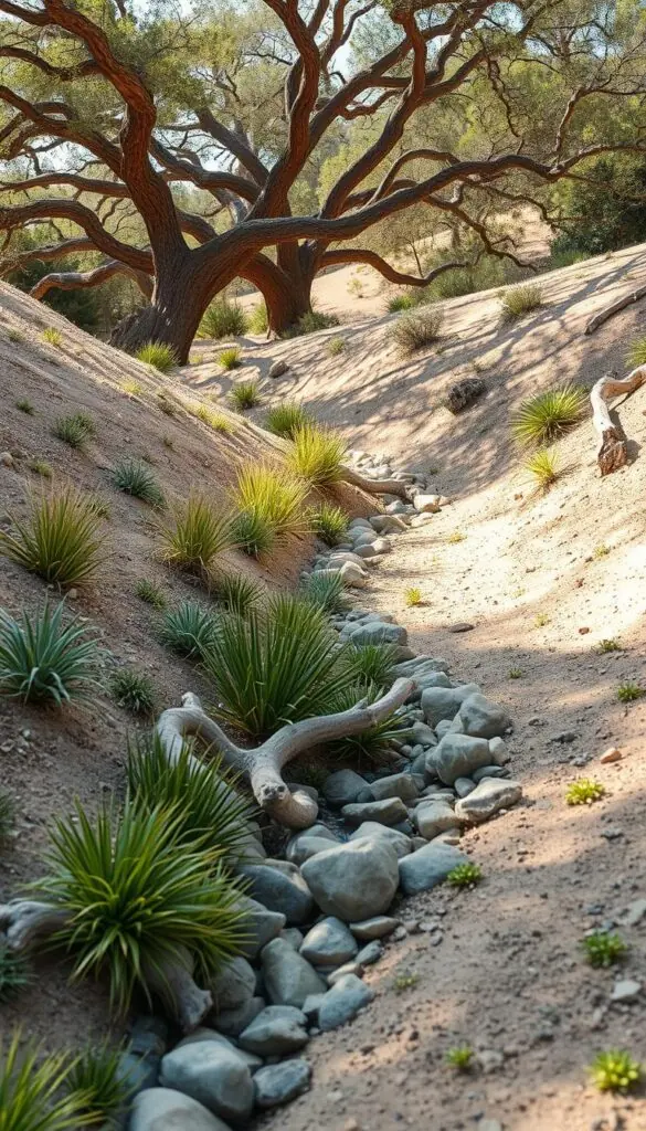 A dry, winding creek bed winds through a gently rolling landscape, lined with smooth river rocks and weathered driftwood. Lush, drought-resistant plants - native grasses, succulents, and small shrubs - cascade over the banks, creating a natural, harmonious scene. Dappled sunlight filters through the canopy of twisted, gnarled oak trees in the distance, casting warm shadows across the earthy tones of the creek bed. A sense of tranquility and gentle flow pervades the serene, minimalist composition, complementing the "Guide Water, Don't Fight It" design philosophy.