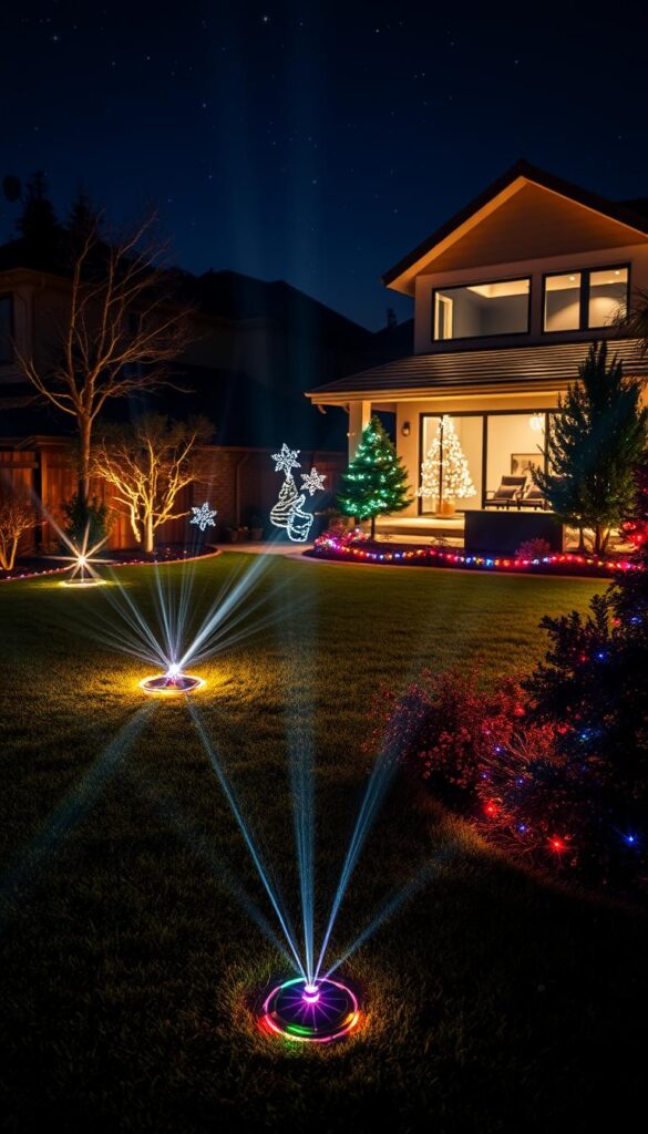 A dynamic night scene of a backyard with smart lights artfully mapping patterns and effects across the landscape. Warm, colorful lighting casts a magical glow, synchronizing in intricate choreography controlled by a smart home app. In the foreground, decorative fixtures emit beams of light that dance across the lawn, while in the middle ground, strip lights accentuate the trees and shrubbery. The background features a modern house silhouetted against a starry sky, its facade illuminated by strategically placed spotlights. The overall atmosphere is one of wonder and enchantment, showcasing the power of smart home technology to transform a simple backyard into a dazzling, customizable holiday display.