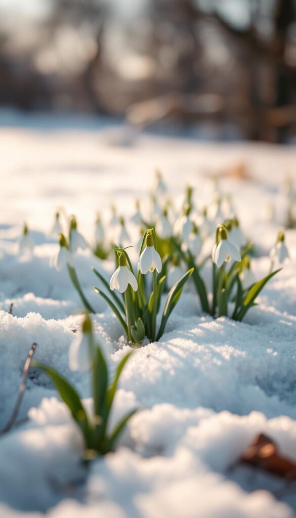 A field of delicate snowdrops (Galanthus nivalis) emerging from the snow-covered ground, their pure white petals and green foliage creating a serene and tranquil scene. The flowers are captured in soft, warm lighting, casting gentle shadows on the crisp, pristine snow. The composition focuses on the foreground, with the snowdrops in sharp focus, while the background blurs into a hazy winter landscape, creating a sense of depth and atmosphere. The overall mood is one of quiet beauty and the first signs of life emerging from the winter's chill. A field of delicate snowdrops (Galanthus nivalis) emerging from the snow-covered ground, their pure white petals and green foliage creating a serene and tranquil scene. The flowers are captured in soft, warm lighting, casting gentle shadows on the crisp, pristine snow. The composition focuses on the foreground, with the snowdrops in sharp focus, while the background blurs into a hazy winter landscape, creating a sense of depth and atmosphere. The overall mood is one of quiet beauty and the first signs of life emerging from the winter's chill.