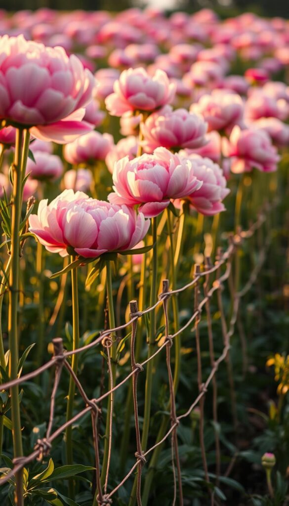 A field of lush, vibrant peonies, their thick stems supported by a delicate lattice of wooden stakes and twine. The flowers stand tall and proud, their soft, ruffled petals catching the warm, golden light. In the foreground, the intricate network of stems and supports is in sharp focus, showcasing the care and attention needed to keep these beautiful blooms upright and thriving. The background is gently blurred, creating a sense of depth and drawing the eye to the stunning floral display. The overall scene evokes a serene, timeless beauty, capturing the essence of growing peonies that will last for decades.
