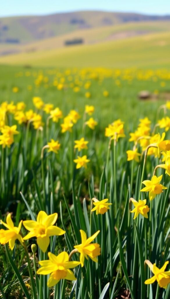 A field of vibrant daffodils standing tall, their golden petals basking in the warm early spring sunlight. The foreground features a cluster of daffodils in full bloom, their trumpets reaching skyward. The middle ground showcases a lush, verdant meadow dotted with more daffodils in various stages of flowering. In the background, a soft, blurred landscape with rolling hills and a clear blue sky. The scene exudes a sense of cheerful optimism and the promise of renewal, capturing the essence of the "Early Spring Spark" that daffodils bring. A field of vibrant daffodils standing tall, their golden petals basking in the warm early spring sunlight. The foreground features a cluster of daffodils in full bloom, their trumpets reaching skyward. The middle ground showcases a lush, verdant meadow dotted with more daffodils in various stages of flowering. In the background, a soft, blurred landscape with rolling hills and a clear blue sky. The scene exudes a sense of cheerful optimism and the promise of renewal, capturing the essence of the "Early Spring Spark" that daffodils bring.