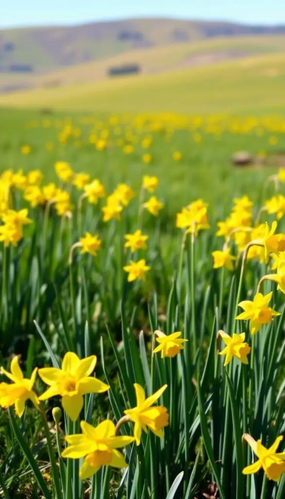 A field of vibrant daffodils standing tall, their golden petals basking in the warm early spring sunlight. The foreground features a cluster of daffodils in full bloom, their trumpets reaching skyward. The middle ground showcases a lush, verdant meadow dotted with more daffodils in various stages of flowering. In the background, a soft, blurred landscape with rolling hills and a clear blue sky. The scene exudes a sense of cheerful optimism and the promise of renewal, capturing the essence of the "Early Spring Spark" that daffodils bring.