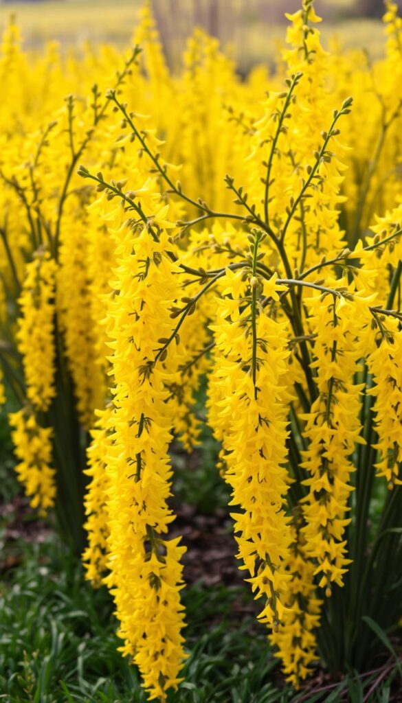 A field of vibrant forsythia shrubs in full bloom, their sunshine-yellow flowers cascading down the branches like a waterfall of golden joy. The plants are situated in a lush, verdant landscape, with a soft, hazy background that evokes the gentle warmth of springtime. The lighting is natural and diffused, casting a warm glow over the scene and highlighting the delicate petals of the flowers. The camera angle is slightly elevated, allowing the viewer to take in the full breadth of the shrubs and the surrounding environment. The overall mood is one of optimism and renewal, perfectly capturing the essence of the harbinger of spring. A field of vibrant forsythia shrubs in full bloom, their sunshine-yellow flowers cascading down the branches like a waterfall of golden joy. The plants are situated in a lush, verdant landscape, with a soft, hazy background that evokes the gentle warmth of springtime. The lighting is natural and diffused, casting a warm glow over the scene and highlighting the delicate petals of the flowers. The camera angle is slightly elevated, allowing the viewer to take in the full breadth of the shrubs and the surrounding environment. The overall mood is one of optimism and renewal, perfectly capturing the essence of the harbinger of spring.