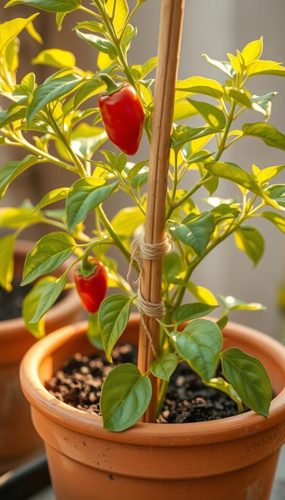 A flourishing pepper plant in a terracotta pot, gently supported by a slender, wooden stake. The stake's soft twine ties guide the plant's branches, creating a tidy, organized structure. Warm, golden light filters through the leaves, casting delicate shadows on the pot's weathered surface. The scene exudes a sense of nurturing care, reflecting the intention to help the plant thrive.