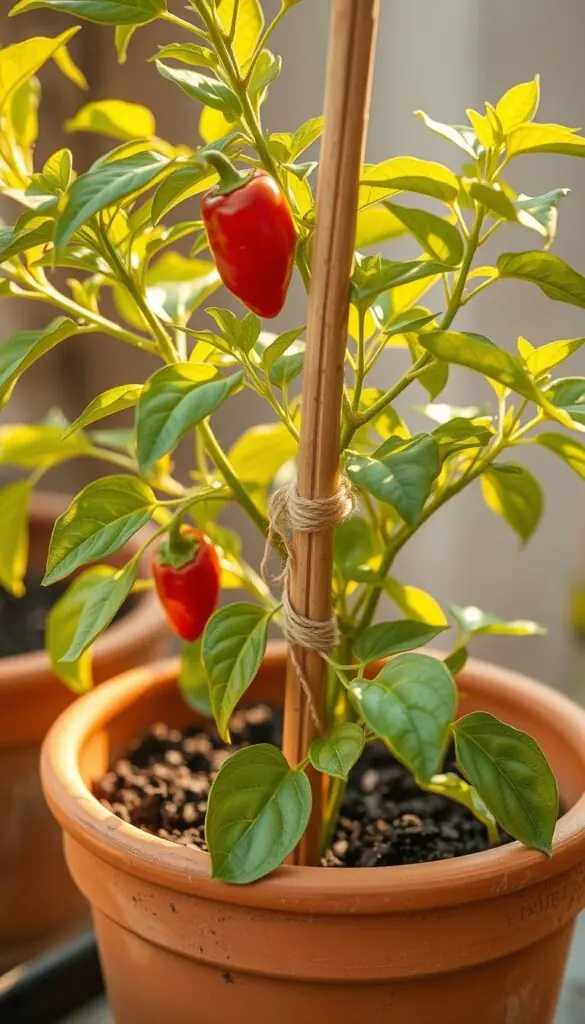 A flourishing pepper plant in a terracotta pot, gently supported by a slender, wooden stake. The stake's soft twine ties guide the plant's branches, creating a tidy, organized structure. Warm, golden light filters through the leaves, casting delicate shadows on the pot's weathered surface. The scene exudes a sense of nurturing care, reflecting the intention to help the plant thrive. A flourishing pepper plant in a terracotta pot, gently supported by a slender, wooden stake. The stake's soft twine ties guide the plant's branches, creating a tidy, organized structure. Warm, golden light filters through the leaves, casting delicate shadows on the pot's weathered surface. The scene exudes a sense of nurturing care, reflecting the intention to help the plant thrive.