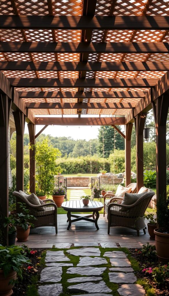 A freestanding backyard pergola with intricate latticed beams, casting warm shadows over a cozy seating area. The foreground features a set of plush, weathered wicker chairs and a low coffee table, surrounded by potted plants and trailing vines. In the middle ground, a stone pathway leads to the pergola, with delicate fairy lights strung along the rafters. The background showcases a lush, verdant landscape, hinting at a tranquil garden beyond. Soft, diffused natural lighting filters through the pergola's openwork, creating a serene, intimate atmosphere perfect for relaxation and entertaining.