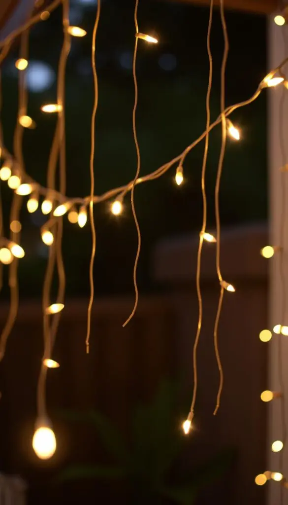 A freestanding patio string hanging gracefully, illuminating the space with a warm, magical glow. The strings are suspended in the air, creating an inviting and cozy ambiance. The lighting is soft and diffused, casting a gentle radiance across the scene. The strings are arranged in a natural, organic pattern, adding visual interest and depth to the composition. The background is blurred, keeping the focus on the captivating string lights. The image conveys a sense of tranquility and relaxation, perfect for a backyard or patio setting.