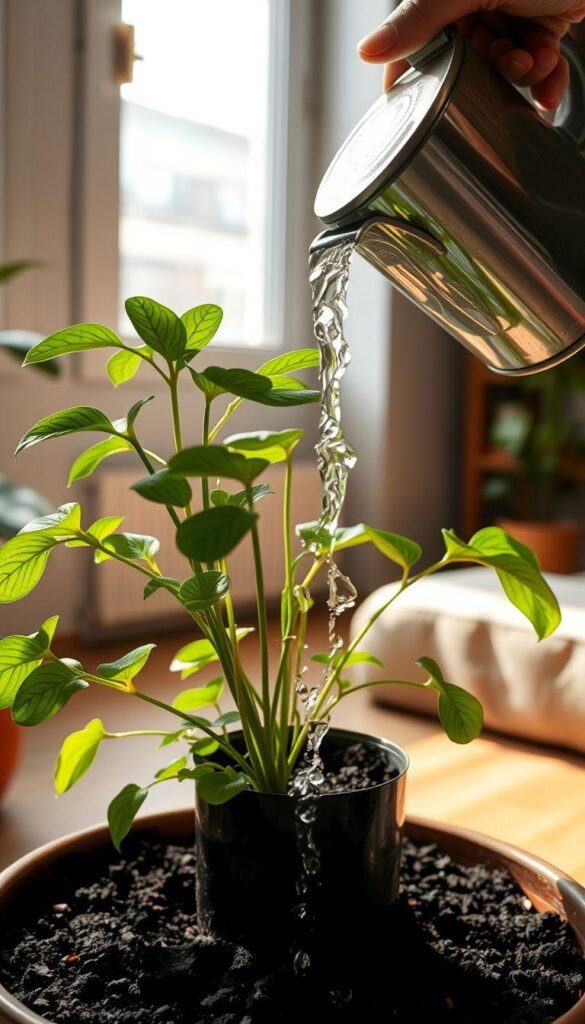 A freshly potted indoor plant, its lush green foliage gently swaying as a delicate stream of water cascades from a watering can held by a caring human hand. The light filters in through a nearby window, casting a soft, natural glow on the scene. The soil, dark and moist, eagerly absorbs the water, nourishing the plant's roots. In the background, a cozy, minimalist interior setting provides a calming, serene atmosphere, emphasizing the tranquility of the watering ritual. The composition captures the essence of thoughtful, attentive plant care, a moment of quiet contemplation and nurturing. A freshly potted indoor plant, its lush green foliage gently swaying as a delicate stream of water cascades from a watering can held by a caring human hand. The light filters in through a nearby window, casting a soft, natural glow on the scene. The soil, dark and moist, eagerly absorbs the water, nourishing the plant's roots. In the background, a cozy, minimalist interior setting provides a calming, serene atmosphere, emphasizing the tranquility of the watering ritual. The composition captures the essence of thoughtful, attentive plant care, a moment of quiet contemplation and nurturing.