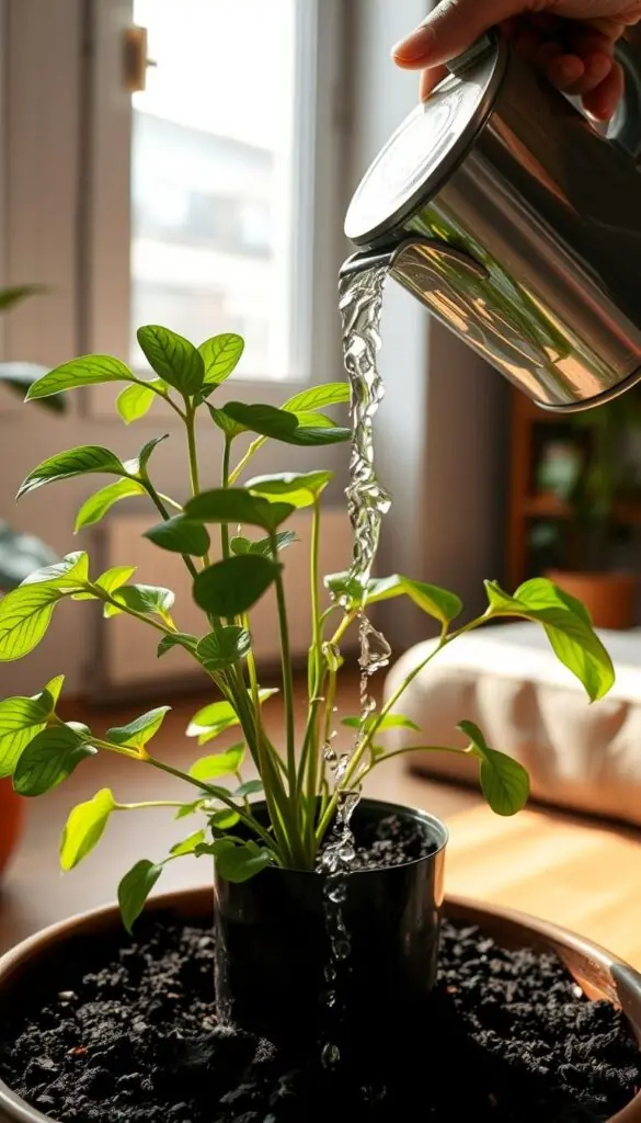 A freshly potted indoor plant, its lush green foliage gently swaying as a delicate stream of water cascades from a watering can held by a caring human hand. The light filters in through a nearby window, casting a soft, natural glow on the scene. The soil, dark and moist, eagerly absorbs the water, nourishing the plant's roots. In the background, a cozy, minimalist interior setting provides a calming, serene atmosphere, emphasizing the tranquility of the watering ritual. The composition captures the essence of thoughtful, attentive plant care, a moment of quiet contemplation and nurturing.