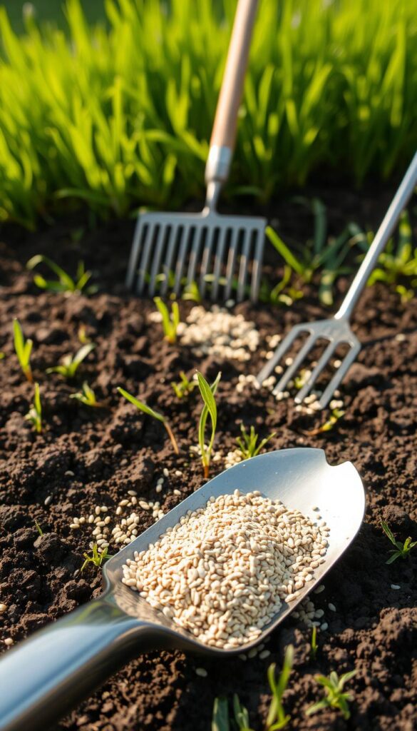 A freshly tilled lawn, its dark soil exposed, ready for new life. In the foreground, a handful of grass seed is scattered, its tiny grains glistening like dew. A gardening trowel rests nearby, its metal surface catching the warm afternoon sun. In the middle ground, a rake stands upright, its tines poised to gently integrate the seed into the soil. The background reveals a lush, healthy lawn, its vibrant green blades swaying gently in the breeze, a testament to the restorative power of reseeding. Soft, diffused lighting casts a natural, inviting glow over the scene, evoking a sense of growth and renewal.
