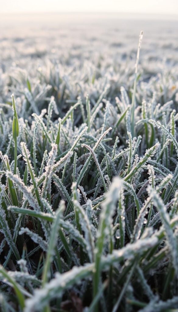 A frosty field of dormant winter grass, its blades glistening with delicate ice crystals. The foreground is a close-up view, capturing the intricate textures and subtle variations in color - from deep greens to pale, silvery hues. The middle ground shows the grass transitioning into a soft, hazy backdrop, with a sense of depth and distance. Soft, diffused lighting illuminates the scene, creating a serene, contemplative atmosphere. The overall mood is one of quiet solitude, reflecting the "Quiet Season" and the "Lasting Consequences" of neglecting lawn care during the winter months. A frosty field of dormant winter grass, its blades glistening with delicate ice crystals. The foreground is a close-up view, capturing the intricate textures and subtle variations in color - from deep greens to pale, silvery hues. The middle ground shows the grass transitioning into a soft, hazy backdrop, with a sense of depth and distance. Soft, diffused lighting illuminates the scene, creating a serene, contemplative atmosphere. The overall mood is one of quiet solitude, reflecting the "Quiet Season" and the "Lasting Consequences" of neglecting lawn care during the winter months.