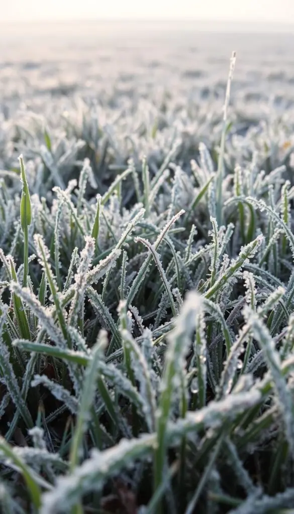 A frosty field of dormant winter grass, its blades glistening with delicate ice crystals. The foreground is a close-up view, capturing the intricate textures and subtle variations in color - from deep greens to pale, silvery hues. The middle ground shows the grass transitioning into a soft, hazy backdrop, with a sense of depth and distance. Soft, diffused lighting illuminates the scene, creating a serene, contemplative atmosphere. The overall mood is one of quiet solitude, reflecting the "Quiet Season" and the "Lasting Consequences" of neglecting lawn care during the winter months.