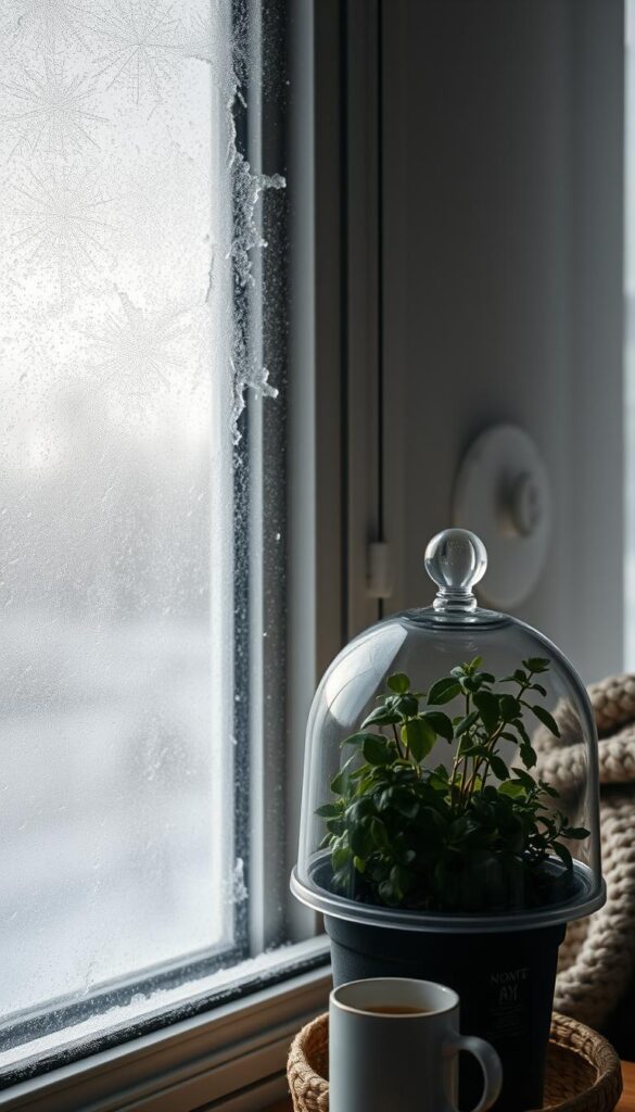 A frosty window pane, delicate patterns of ice crystals spreading across the glass, casting soft, diffused light into the dimly lit room. In the foreground, a potted herb plant, its leaves shielded by a transparent dome, protecting it from the chilly winter air. The middle ground features a cozy, cozy space, with a plush throw blanket and a steaming mug of tea, hinting at the comforts of indoor gardening. The background is a muted, muted palette, suggesting the harshness of the winter weather outside, contrasting with the warmth and care within. A frosty window pane, delicate patterns of ice crystals spreading across the glass, casting soft, diffused light into the dimly lit room. In the foreground, a potted herb plant, its leaves shielded by a transparent dome, protecting it from the chilly winter air. The middle ground features a cozy, cozy space, with a plush throw blanket and a steaming mug of tea, hinting at the comforts of indoor gardening. The background is a muted, muted palette, suggesting the harshness of the winter weather outside, contrasting with the warmth and care within.