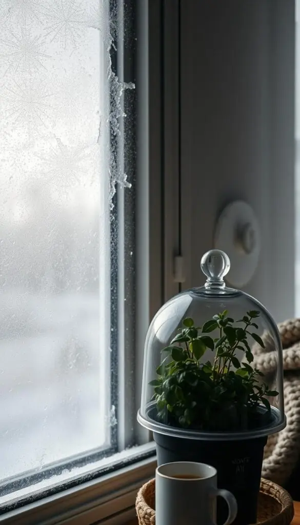 A frosty window pane, delicate patterns of ice crystals spreading across the glass, casting soft, diffused light into the dimly lit room. In the foreground, a potted herb plant, its leaves shielded by a transparent dome, protecting it from the chilly winter air. The middle ground features a cozy, cozy space, with a plush throw blanket and a steaming mug of tea, hinting at the comforts of indoor gardening. The background is a muted, muted palette, suggesting the harshness of the winter weather outside, contrasting with the warmth and care within. A frosty window pane, delicate patterns of ice crystals spreading across the glass, casting soft, diffused light into the dimly lit room. In the foreground, a potted herb plant, its leaves shielded by a transparent dome, protecting it from the chilly winter air. The middle ground features a cozy, cozy space, with a plush throw blanket and a steaming mug of tea, hinting at the comforts of indoor gardening. The background is a muted, muted palette, suggesting the harshness of the winter weather outside, contrasting with the warmth and care within.