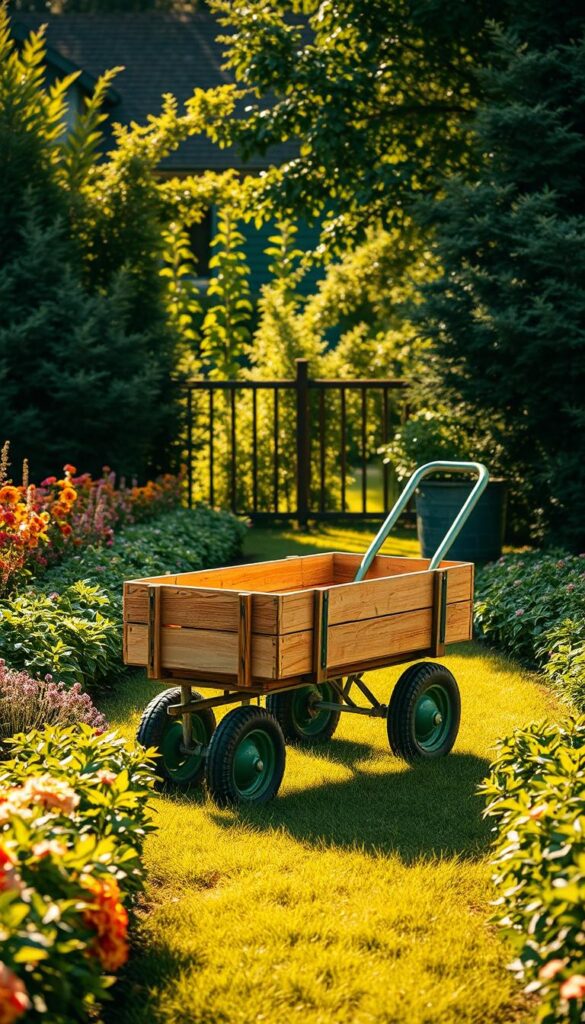 A garden cart standing in a lush, verdant backyard, bathed in warm, golden afternoon sunlight. The cart's sturdy wooden frame and metal accents gleam, its rustic yet functional design complementing the surrounding greenery. Rows of blooming flowers and flourishing plants frame the scene, creating a picturesque and inviting atmosphere. The cart's large, pneumatic tires are ready to tackle uneven terrain, while its spacious interior awaits the day's harvest or gardening tools. A sense of peaceful productivity and natural harmony pervades the image, highlighting the essential role of the garden cart in effortless lawn and garden maintenance.