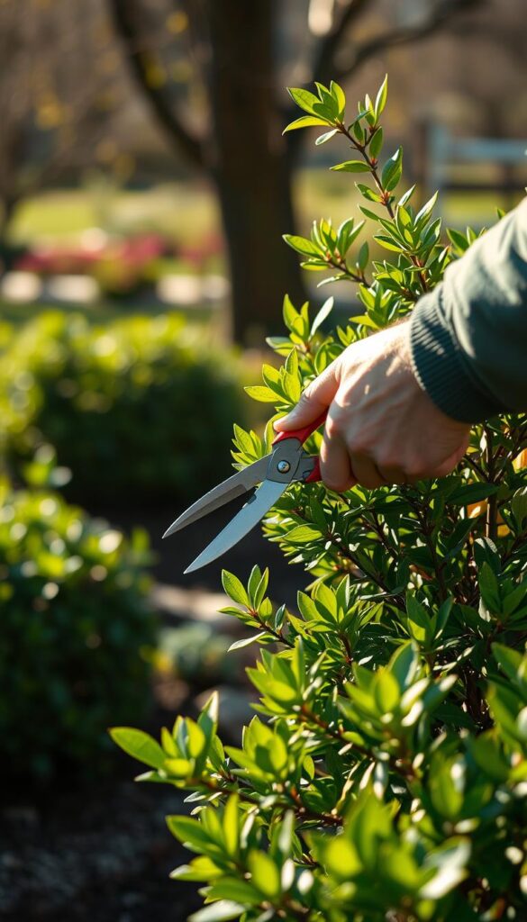 A gardener carefully pruning a lush, green shrub with sharp pruning shears, sunlight filtering through the foliage and casting delicate shadows. The subject is positioned in the foreground, with a blurred, tranquil garden scene in the background, hinting at the broader context of spring garden preparation. The composition is balanced, with the pruning action as the central focus, conveying a sense of thoughtful, intentional shaping and cultivation. The image evokes a mood of quiet, focused productivity amidst the renewal of the spring season.