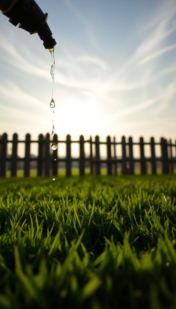 A gentle drip of water cascading from a nozzle, caressing the soil with a soft, soothing rhythm. A lush, verdant lawn stretches out in the foreground, its blades glistening with fresh moisture. In the middle ground, a weathered wooden fence frames the scene, casting long shadows that dance across the grass. The sky above is a soft, hazy blue, with wispy clouds drifting lazily overhead, creating a serene and contemplative atmosphere. The lighting is soft and diffused, casting a warm, golden glow over the entire composition. The camera angle is low, capturing the scene from a ground-level perspective, inviting the viewer to immerse themselves in the tranquil moment of watering the lawn as temperatures begin to drop. A gentle drip of water cascading from a nozzle, caressing the soil with a soft, soothing rhythm. A lush, verdant lawn stretches out in the foreground, its blades glistening with fresh moisture. In the middle ground, a weathered wooden fence frames the scene, casting long shadows that dance across the grass. The sky above is a soft, hazy blue, with wispy clouds drifting lazily overhead, creating a serene and contemplative atmosphere. The lighting is soft and diffused, casting a warm, golden glow over the entire composition. The camera angle is low, capturing the scene from a ground-level perspective, inviting the viewer to immerse themselves in the tranquil moment of watering the lawn as temperatures begin to drop.