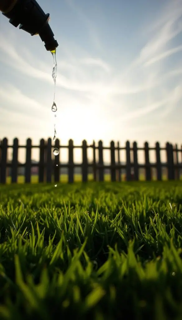 A gentle drip of water cascading from a nozzle, caressing the soil with a soft, soothing rhythm. A lush, verdant lawn stretches out in the foreground, its blades glistening with fresh moisture. In the middle ground, a weathered wooden fence frames the scene, casting long shadows that dance across the grass. The sky above is a soft, hazy blue, with wispy clouds drifting lazily overhead, creating a serene and contemplative atmosphere. The lighting is soft and diffused, casting a warm, golden glow over the entire composition. The camera angle is low, capturing the scene from a ground-level perspective, inviting the viewer to immerse themselves in the tranquil moment of watering the lawn as temperatures begin to drop. A gentle drip of water cascading from a nozzle, caressing the soil with a soft, soothing rhythm. A lush, verdant lawn stretches out in the foreground, its blades glistening with fresh moisture. In the middle ground, a weathered wooden fence frames the scene, casting long shadows that dance across the grass. The sky above is a soft, hazy blue, with wispy clouds drifting lazily overhead, creating a serene and contemplative atmosphere. The lighting is soft and diffused, casting a warm, golden glow over the entire composition. The camera angle is low, capturing the scene from a ground-level perspective, inviting the viewer to immerse themselves in the tranquil moment of watering the lawn as temperatures begin to drop.
