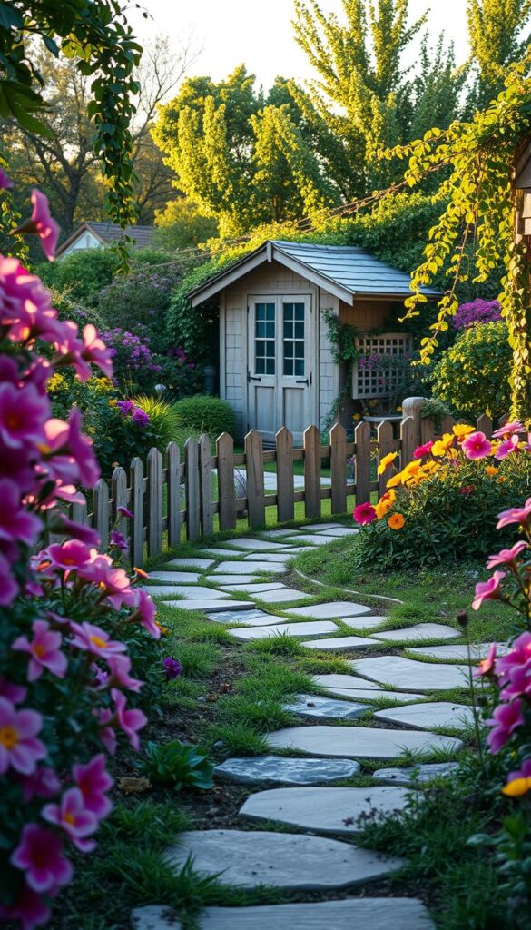 A gently curving, stone-lined path winds through a lush cottage garden. The foreground is adorned with vibrant blooms in shades of pink, purple, and yellow, their petals softly illuminated by the warm, golden light of the late afternoon sun. The middle ground features a low, ornamental fence of weathered wood, its gentle curves echoing the path. In the background, a picturesque garden shed stands amidst a tapestry of verdant foliage and trailing vines, creating a sense of enchantment and tranquility. The scene is captured with a wide-angle lens, emphasizing the depth and richness of the garden setting, and infused with a soft, dreamy atmosphere.