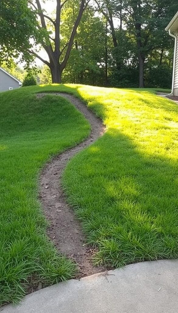 A gently sloping backyard terrain, with a smooth gradient transitioning from a raised mound to a lower section, creating a natural path for water drainage. The slope is covered in lush, verdant grass, with sunlight filtering through the trees above, casting a warm, golden glow across the landscape. The angle of the slope is precisely calibrated, allowing water to flow effortlessly away from the home's foundation, preventing pooling and potential damage. The scene evokes a sense of tranquility and careful planning, showcasing a practical yet aesthetically pleasing solution to yard drainage challenges. A gently sloping backyard terrain, with a smooth gradient transitioning from a raised mound to a lower section, creating a natural path for water drainage. The slope is covered in lush, verdant grass, with sunlight filtering through the trees above, casting a warm, golden glow across the landscape. The angle of the slope is precisely calibrated, allowing water to flow effortlessly away from the home's foundation, preventing pooling and potential damage. The scene evokes a sense of tranquility and careful planning, showcasing a practical yet aesthetically pleasing solution to yard drainage challenges.