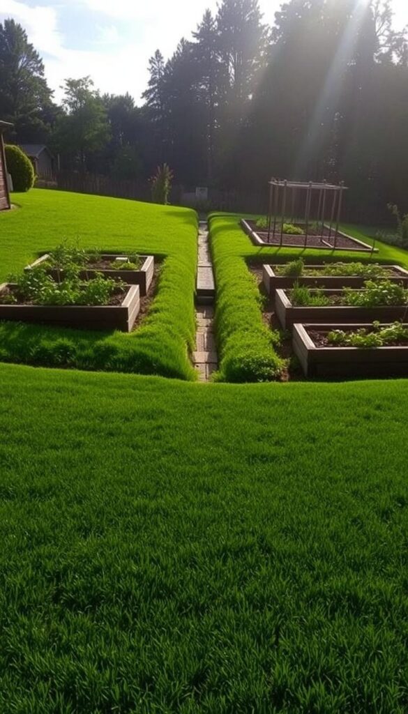 A gently sloping vegetable garden, with a lush green lawn in the foreground leading up to raised garden beds. The beds have a subtle incline, directing water away from the home and towards a small drainage ditch in the middle distance. Sunlight filters through wispy clouds, casting a warm, golden glow over the scene. The slope is gradual, ensuring efficient drainage without compromising the productivity of the beds. Mature trees line the background, providing a natural, scenic backdrop to the carefully cultivated garden. A gently sloping vegetable garden, with a lush green lawn in the foreground leading up to raised garden beds. The beds have a subtle incline, directing water away from the home and towards a small drainage ditch in the middle distance. Sunlight filters through wispy clouds, casting a warm, golden glow over the scene. The slope is gradual, ensuring efficient drainage without compromising the productivity of the beds. Mature trees line the background, providing a natural, scenic backdrop to the carefully cultivated garden.