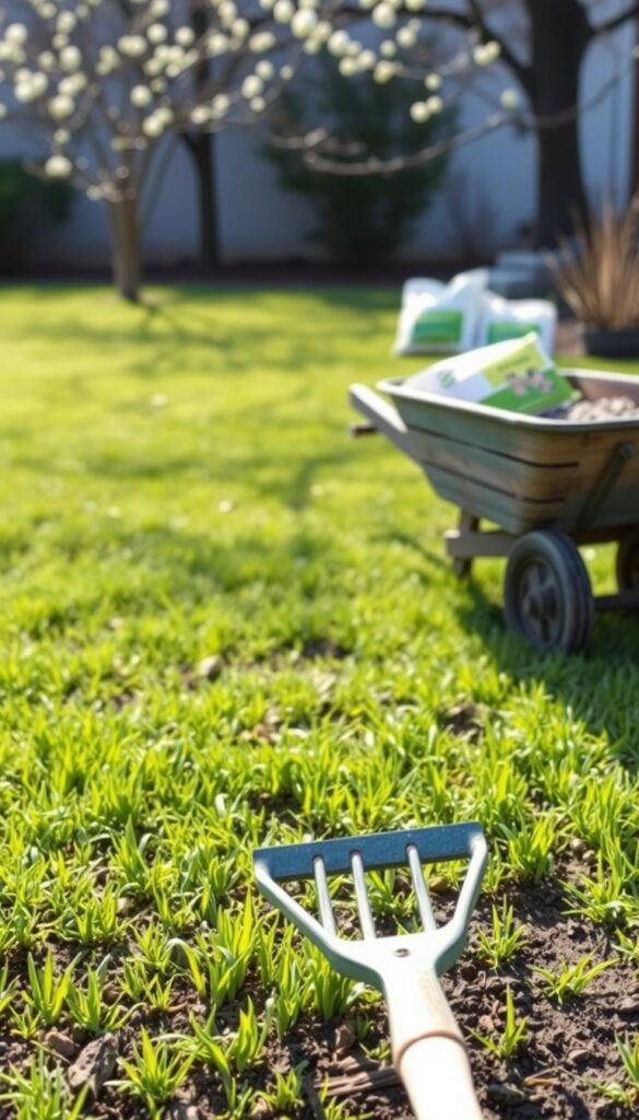 A gently sun-dappled early spring lawn, with tender green blades just beginning to emerge from the recently thawed soil. In the foreground, a small hand-held garden rake carefully loosens the ground, preparing it for the first light application of organic lawn fertilizer. In the middle ground, a weathered wooden wheelbarrow sits ready, filled with bags of slow-release granules. Further back, budding trees and shrubs line the edges of the lawn, hinting at the season's gradual transition. The overall mood is one of quiet, hopeful anticipation, as the lawn and garden quietly awaken from winter's slumber.