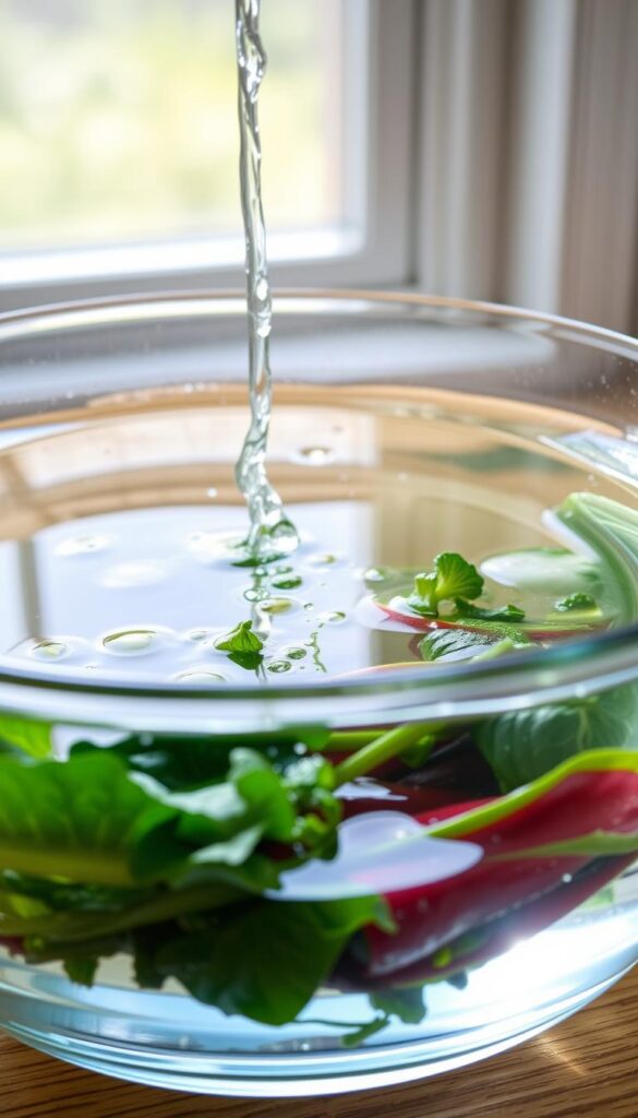 A glass basin filled with clear, cool water, gently rippling with the motion of fresh produce being washed. The basin is set on a wooden surface, illuminated by soft, diffused natural light streaming through a nearby window. The water's surface reflects the surrounding environment, creating a serene, tranquil atmosphere. The produce, such as freshly harvested leafy greens or crisp vegetables, is carefully submerged, their vibrant colors contrasting with the transparent liquid. Droplets of water cling to the produce, suggesting a recent, gentle cleansing. The overall scene conveys a sense of cleanliness, care, and the importance of proper post-harvest handling to protect the integrity and safety of the garden's bounty. A glass basin filled with clear, cool water, gently rippling with the motion of fresh produce being washed. The basin is set on a wooden surface, illuminated by soft, diffused natural light streaming through a nearby window. The water's surface reflects the surrounding environment, creating a serene, tranquil atmosphere. The produce, such as freshly harvested leafy greens or crisp vegetables, is carefully submerged, their vibrant colors contrasting with the transparent liquid. Droplets of water cling to the produce, suggesting a recent, gentle cleansing. The overall scene conveys a sense of cleanliness, care, and the importance of proper post-harvest handling to protect the integrity and safety of the garden's bounty.