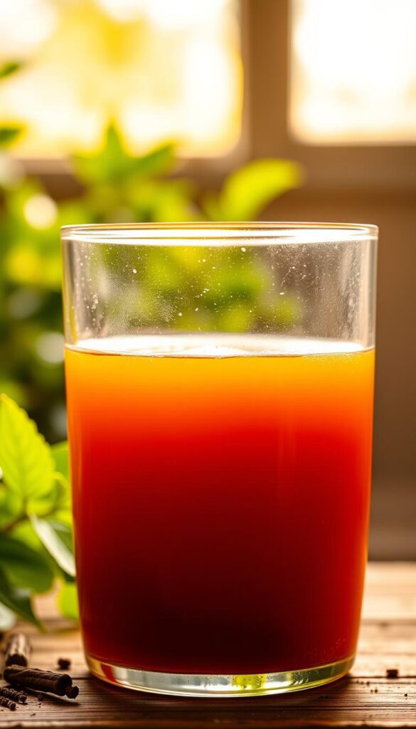 A glass container filled with a vibrant, amber-colored liquid fertilizer. The surface of the liquid has a slight shimmer, reflecting the warm, natural lighting from a window above. The glass is clean and transparent, allowing the viewer to clearly see the smooth, viscous texture of the fertilizer. The background is a soft, blurred natural setting, with hints of lush greenery and earthy tones, creating a serene, organic atmosphere. The overall composition emphasizes the nutrient-rich, nourishing nature of the homemade liquid fertilizer, ready to be applied to plants for optimal growth and health. A glass container filled with a vibrant, amber-colored liquid fertilizer. The surface of the liquid has a slight shimmer, reflecting the warm, natural lighting from a window above. The glass is clean and transparent, allowing the viewer to clearly see the smooth, viscous texture of the fertilizer. The background is a soft, blurred natural setting, with hints of lush greenery and earthy tones, creating a serene, organic atmosphere. The overall composition emphasizes the nutrient-rich, nourishing nature of the homemade liquid fertilizer, ready to be applied to plants for optimal growth and health.