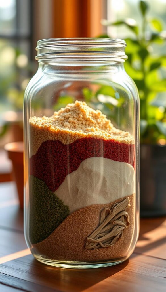 A glass jar filled with an assortment of natural fertilizer ingredients - bone meal, blood meal, greensand, and dried kelp. Soft, warm lighting illuminates the jar, casting gentle shadows and highlighting the earthy tones. The jar is positioned on a wooden surface, with a blurred, natural background suggesting an indoor, plant-filled environment. The composition conveys a sense of nourishment, growth, and balanced plant care, aligning with the article's focus on fertilizing for steady indoor plant growth. A glass jar filled with an assortment of natural fertilizer ingredients - bone meal, blood meal, greensand, and dried kelp. Soft, warm lighting illuminates the jar, casting gentle shadows and highlighting the earthy tones. The jar is positioned on a wooden surface, with a blurred, natural background suggesting an indoor, plant-filled environment. The composition conveys a sense of nourishment, growth, and balanced plant care, aligning with the article's focus on fertilizing for steady indoor plant growth.