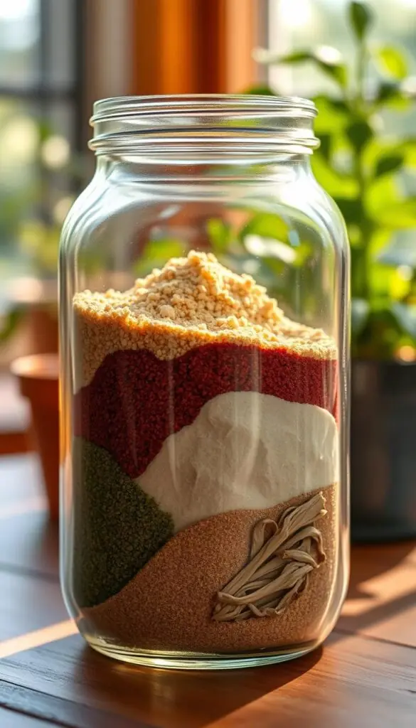 A glass jar filled with an assortment of natural fertilizer ingredients - bone meal, blood meal, greensand, and dried kelp. Soft, warm lighting illuminates the jar, casting gentle shadows and highlighting the earthy tones. The jar is positioned on a wooden surface, with a blurred, natural background suggesting an indoor, plant-filled environment. The composition conveys a sense of nourishment, growth, and balanced plant care, aligning with the article's focus on fertilizing for steady indoor plant growth.