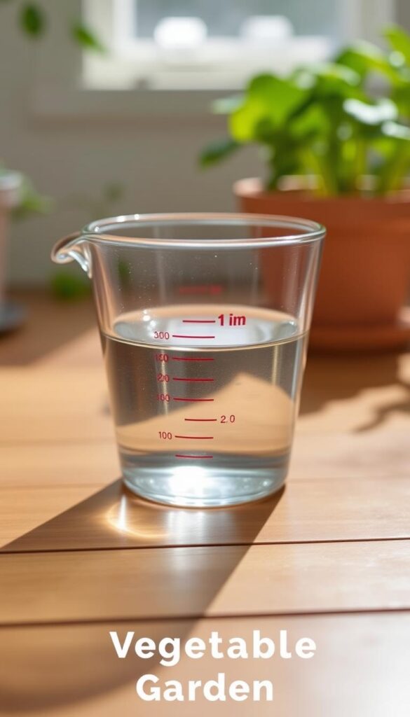 A glass measuring cup filled with water, resting on a wooden surface. The water level is marked at the "1 inch" mark, clearly visible. Bright natural lighting illuminates the scene, casting soft shadows. The cup is positioned in the foreground, with a simple, uncluttered background to focus attention on the measurement. The overall mood is one of precision, clarity, and practicality - highlighting the importance of accurately tracking water usage for an efficient vegetable garden. A glass measuring cup filled with water, resting on a wooden surface. The water level is marked at the "1 inch" mark, clearly visible. Bright natural lighting illuminates the scene, casting soft shadows. The cup is positioned in the foreground, with a simple, uncluttered background to focus attention on the measurement. The overall mood is one of precision, clarity, and practicality - highlighting the importance of accurately tracking water usage for an efficient vegetable garden.